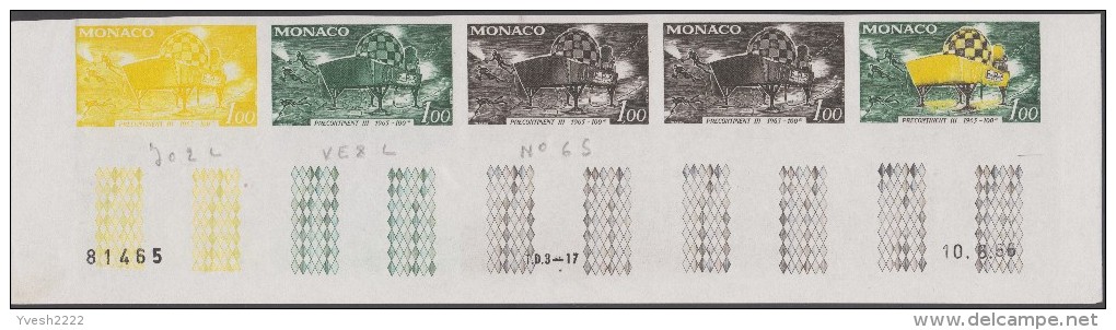 Monaco 1966 Y&T 705. Bande De 5 Essais De Couleurs. Station Sur Le Fond Marin (- 100 Mètres). Plongeurs, Scaphandriers - Tauchen