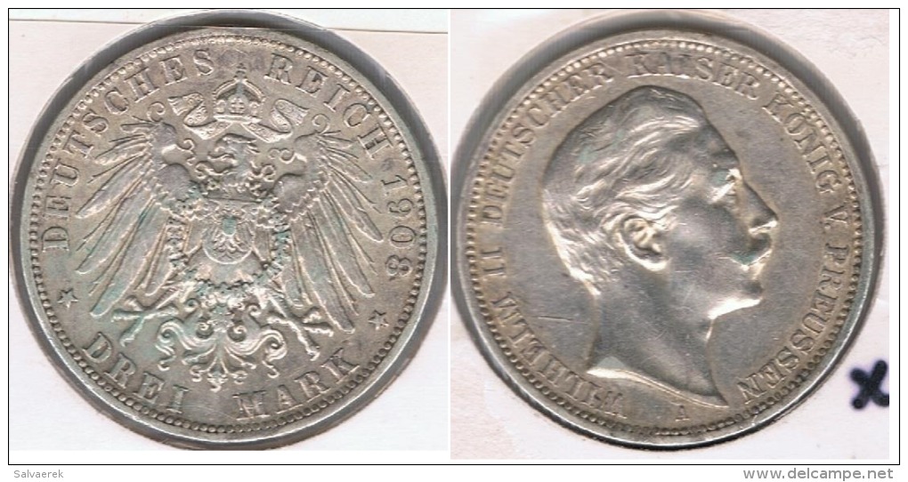 ALEMANIA  DEUTSCHES REICH 3 MARK A 1908 PLATA SILVER S - 2, 3 & 5 Mark Argento