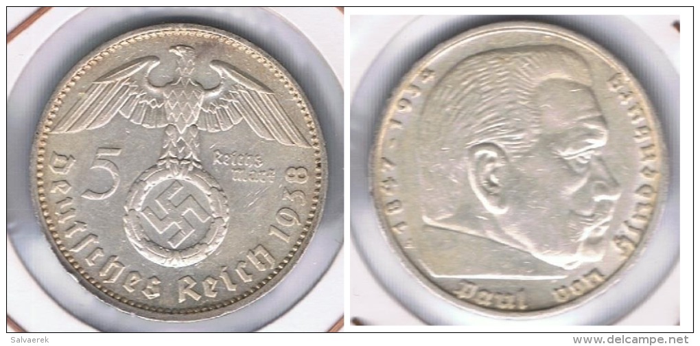 ALEMANIA  DEUTSCHES REICH 5 MARK A 1938 PLATA SILVER S - 5 Reichsmark