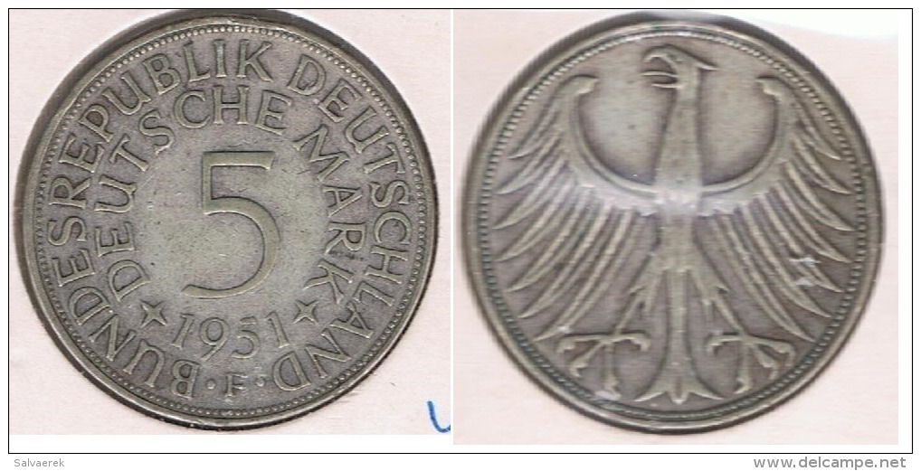 ALEMANIA 5  DEUTSCHE  MARK F 1951 PLATA SILVER S - 5 Mark