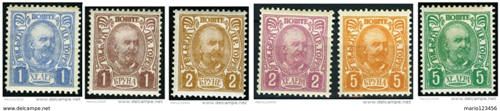 MONTENEGRO, 1907, COMMEMORATIVO, PRINCIPE NICHOLAS I, FRANCOBOLLI NUOVI (MLH*) E USATI, Scott 57-59,63-65 - Montenegro