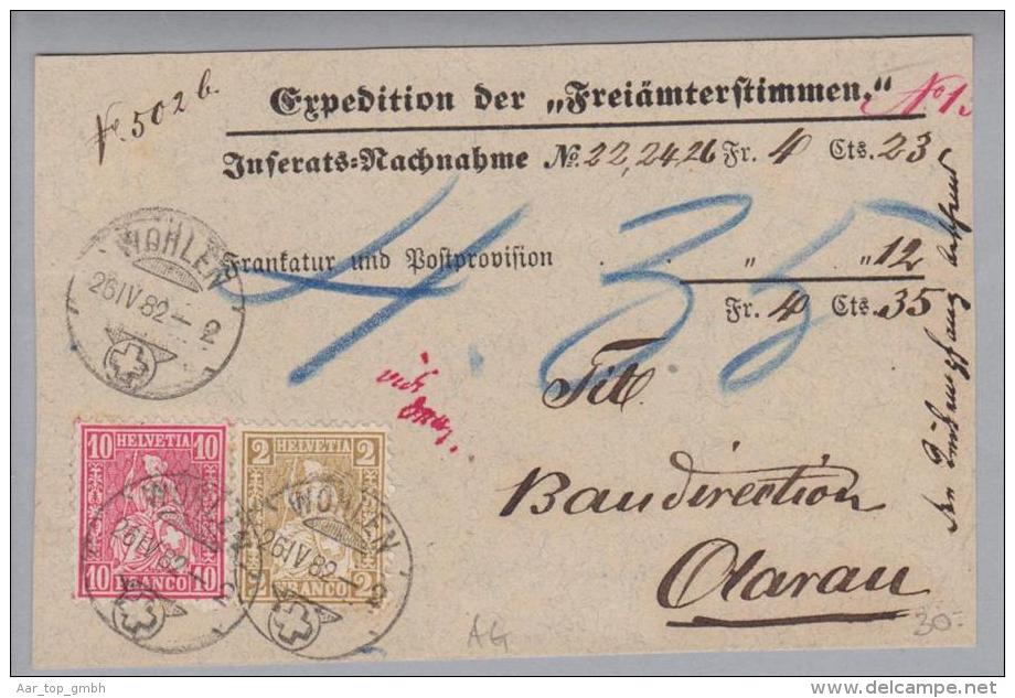 Heimat AG Wohlen 1882-04-26 Sitzende H. Faserp. Zu# 46 + 44 - Cartas & Documentos