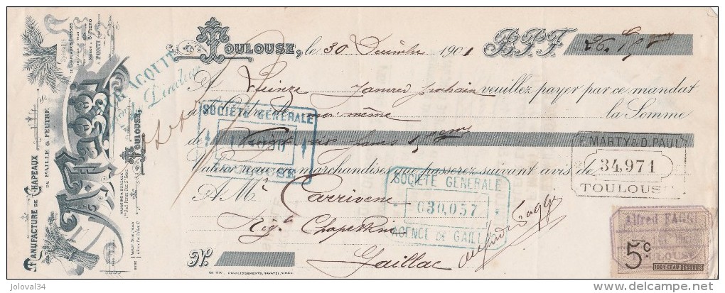 Lettre Change 30/12/1901 FAGGI Chapeaux TOULOUSE Haute Garonne Pour Gaillac Tarn - Lettres De Change