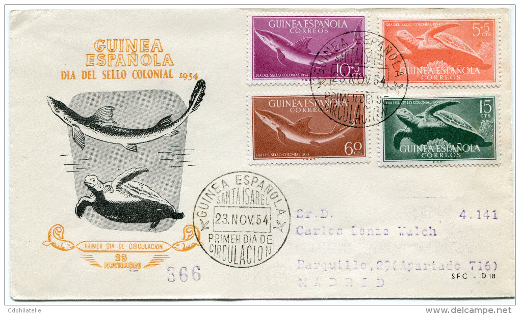 GUINEE ESPAGNOLE ENVELOPPE 1er JOUR DES N°359/62 DEPART SANTA ISABEL 23 NOV 54 POUR L'ESPAGNE - Guinea Española