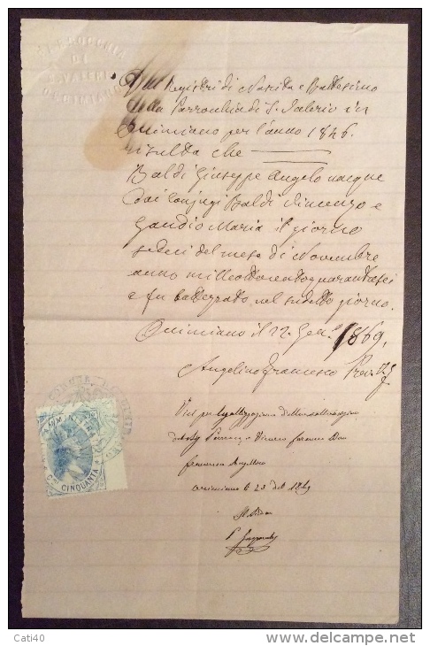 PARROCCHIA DI S.VALERIO IN OCCIMIANO - DOCUMENTO CON MARCA DA BOLLO  - 1869 - Revenue Stamps