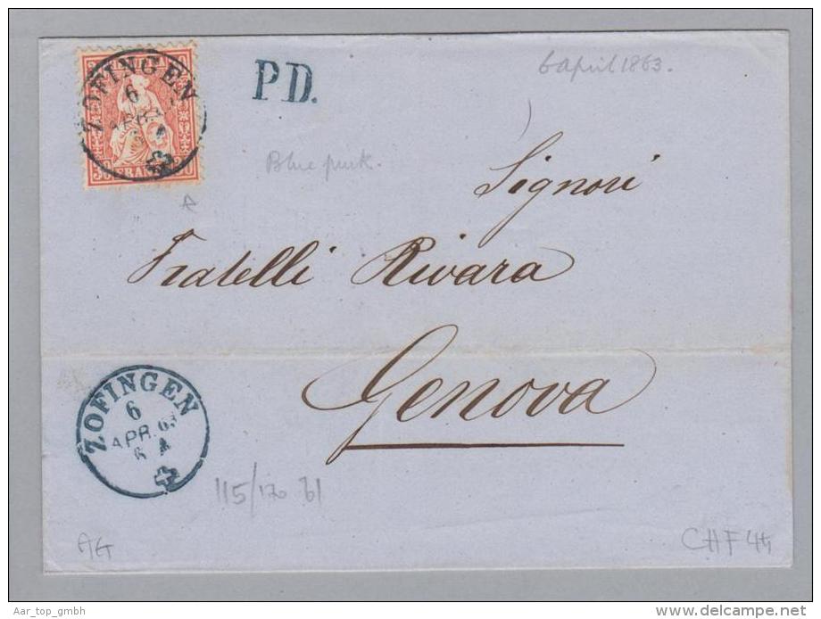 Heimat AG Zofingen 1863-04-06 Brief > Genova 30Rp. Sitzende H. - Briefe U. Dokumente