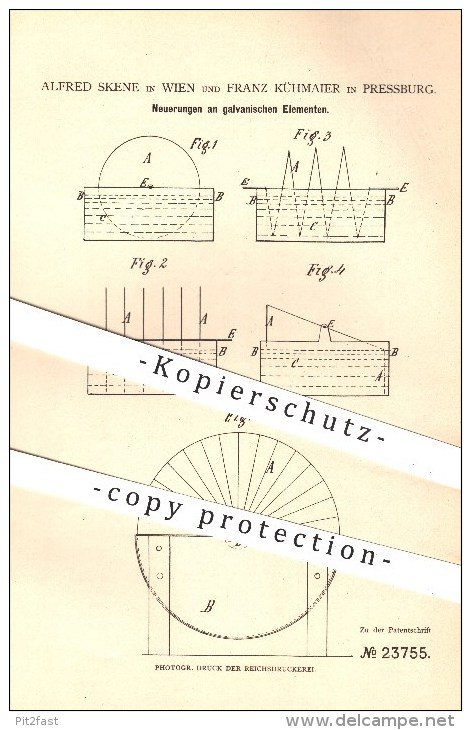 Original Patent - Alfred Skene In Wien & Franz Kühmaier In Pressburg , 1883 , Galvanische Elemente , Elektrizität !!! - Historische Dokumente