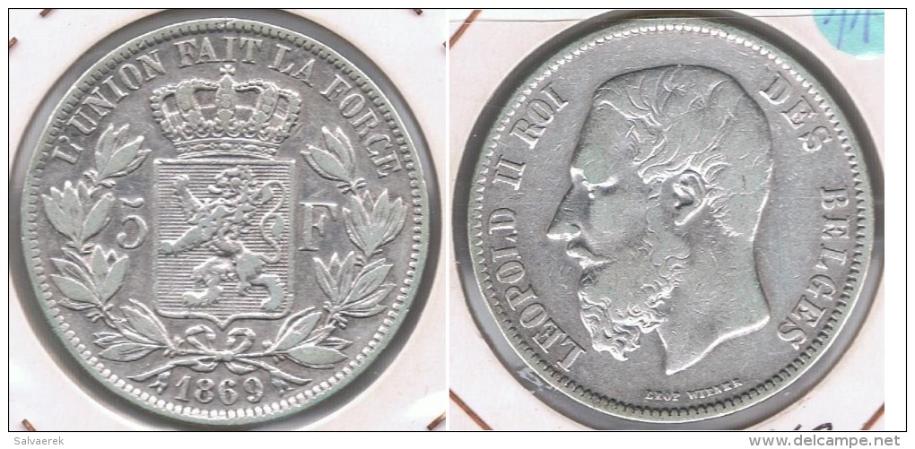 BELGICA 5 FRANCS 1869 PLATA SILVER S - 5 Francs