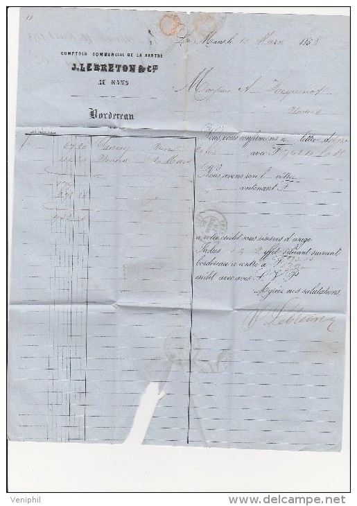 FACTURE COMPTOIR COMMERCIAL DE LA SARTHE -J.LEBRETON ET CIE -LE MANS - ANNEE 1858 - 1800 – 1899