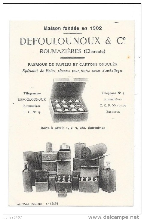 ROUMAZIERES (16) Rare Carte Publicitaire Maison Defoulounoux Fabrique Emballages - Other & Unclassified