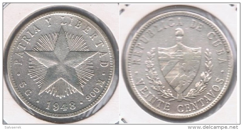 CUBA 20 CENTAVOS PESO 1948 PLATA SILVER S - Cuba