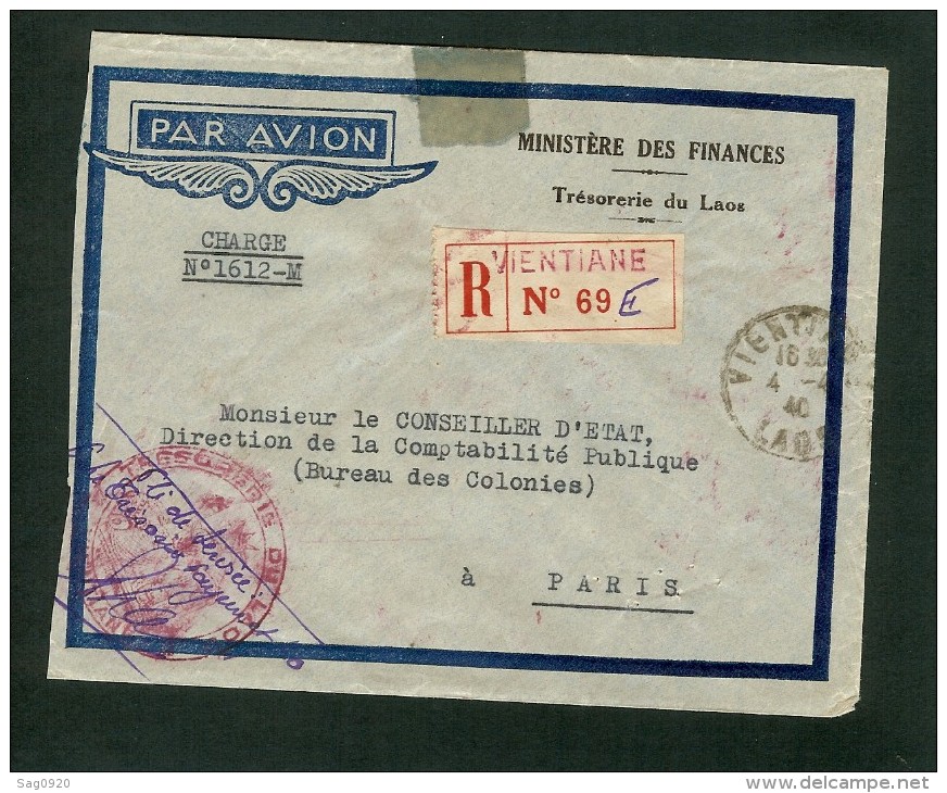 Enveloppe Chargé  Recommandé De Vientiane Pour Paris- Cachet Trésorerie Du Laos - Cartas & Documentos