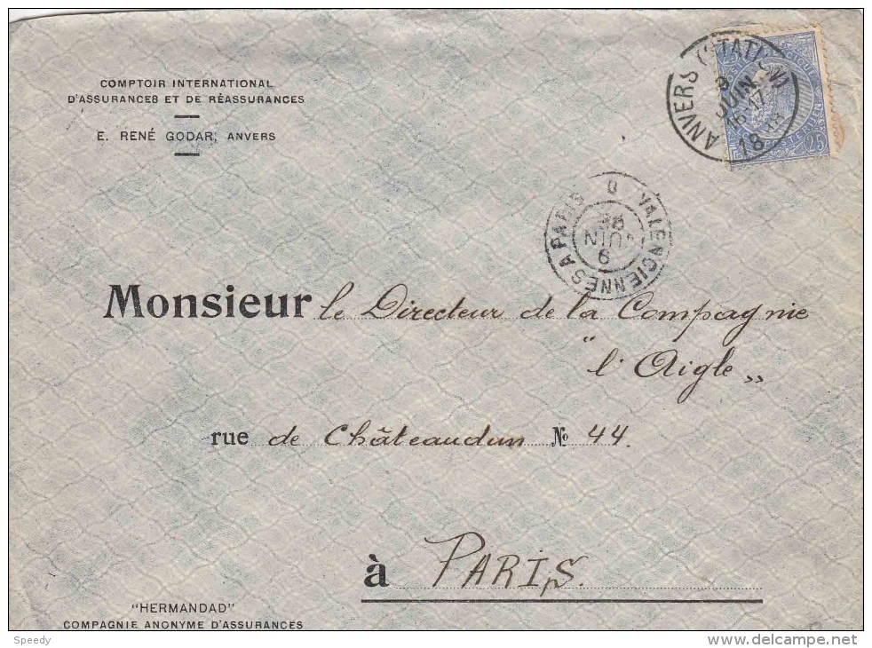 FRANCE AMBULANT-BAHNPOST ;Bf Met PZ (B) "ANVERS 9 JUIN 1898" Naar PARIS+ Ambulant "VALENCIENNES A PARIS / D / 9 JUIN 98" - Other & Unclassified