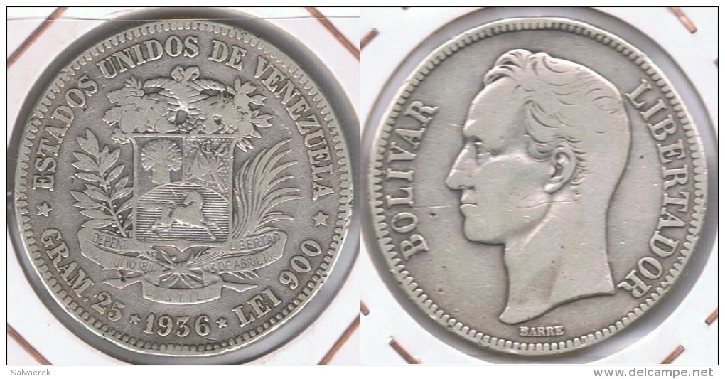 VENEZUELA BOLIVAR 1936 PLATA SILVER S2 - Venezuela