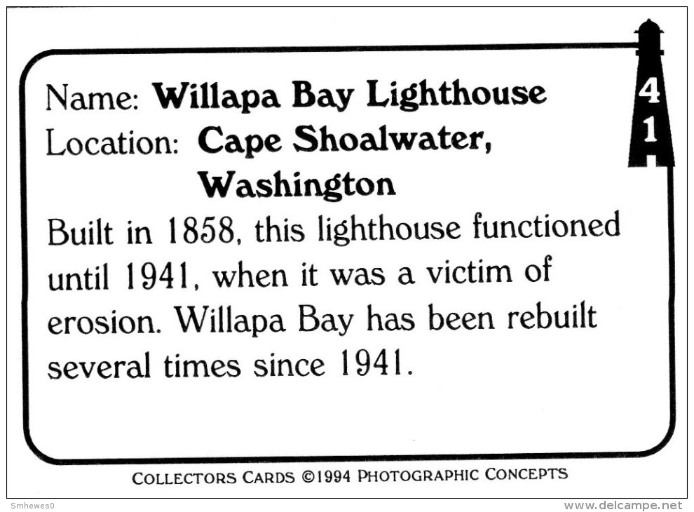 Trading Card - Lighthouses Of Yesteryear Set. Willapa Bay Lighthouse - No. 41 - Other & Unclassified