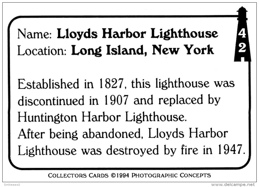 Trading Card - Lighthouses Of Yesteryear Set. Lloyd´s Harbor Lighthouse - No. 42 - Other & Unclassified