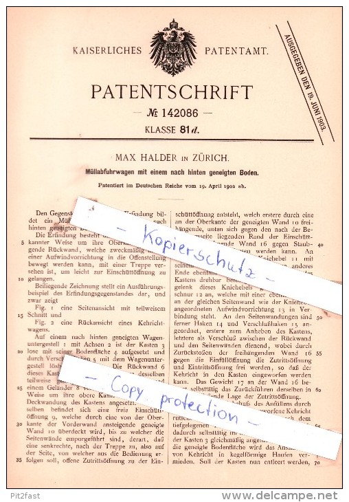 Original Patent - Max Halder In Zürich , 1902 , Wagen Für Müllabfuhr , Müllentsorgung , Abfall !!! - Documents Historiques