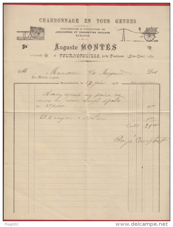 TOURNEFEUILLE : Facture De Charronnage Jardinière & Charette  Montés - 1913 - - Trasporti