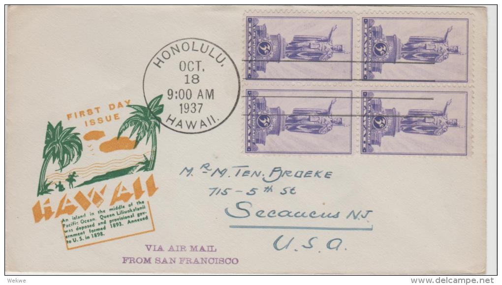 USG049a / Hawai FDC Mit 4-er Block Via S.F. Nach New Jersey, 1937 - Hawaii