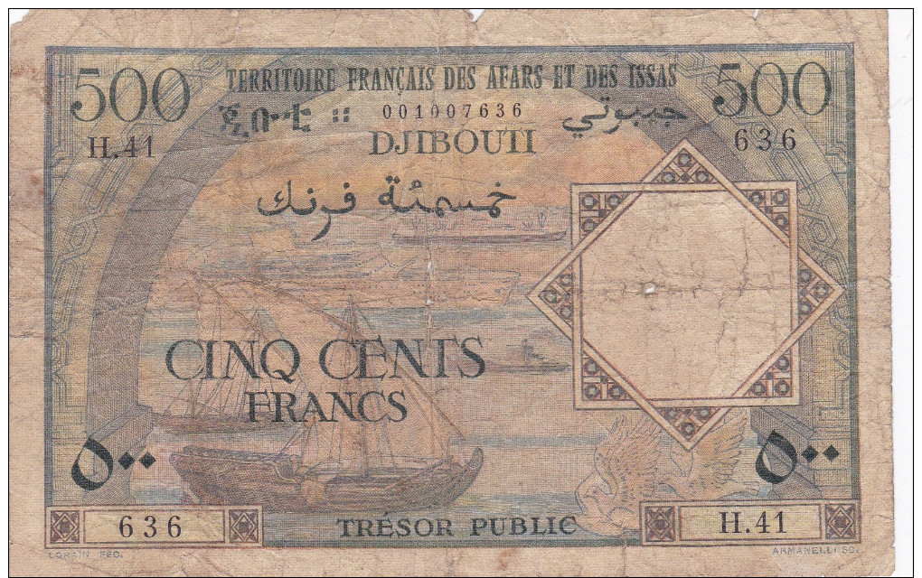 BILLET DE DJIBOUTI DES AFARS ET ISSAS DE 500 FRANCS  1952 REF OT191015 - Djibouti