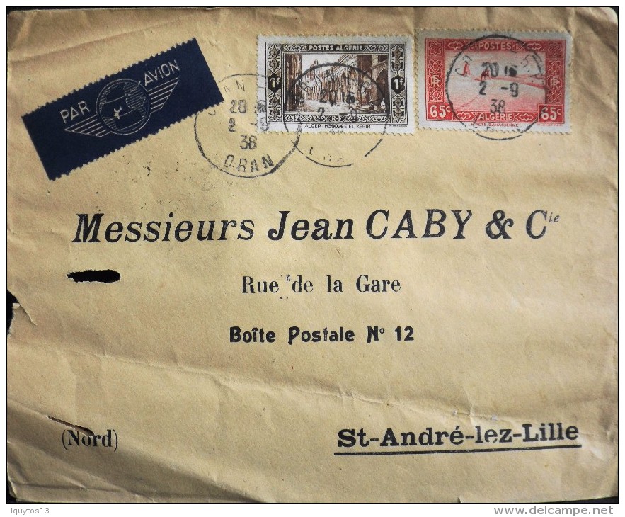 LETTRE ALGERIE 1938 - Par Avion - Pour Mrs Jean CABY & Cie - Oran RP Le 02.09.1938 -  En L'état - - Briefe U. Dokumente