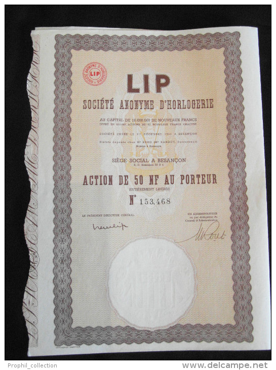 Action 50 Nouveaux  Francs LIP Societe  Anonyme D´Horlogerie Besançon - Industry