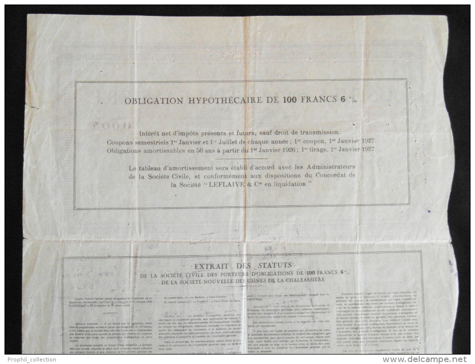 Obligation Hypothecaires  100  Francs 6 % Usines De La Chaléassière Société Anonyme Paris 1927 - Industrial