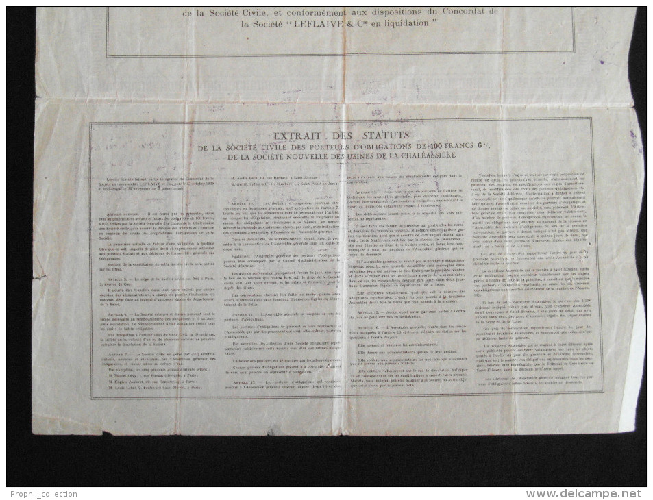 Obligation Hypothecaires  100  Francs 6 % Usines De La Chaléassière Société Anonyme Paris 1927 - Industrie