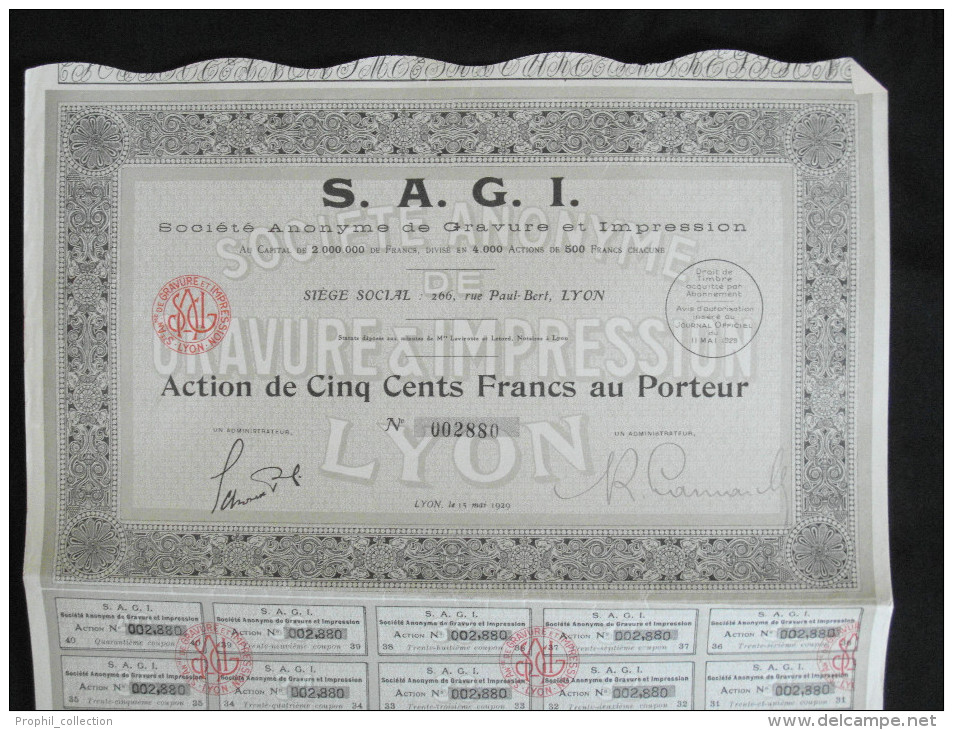 Action 500 Francs Au Porteur S.A.G.I S Societe Anonyme Gravure Et Impression Siège Social à Lyon 1929 - S - V