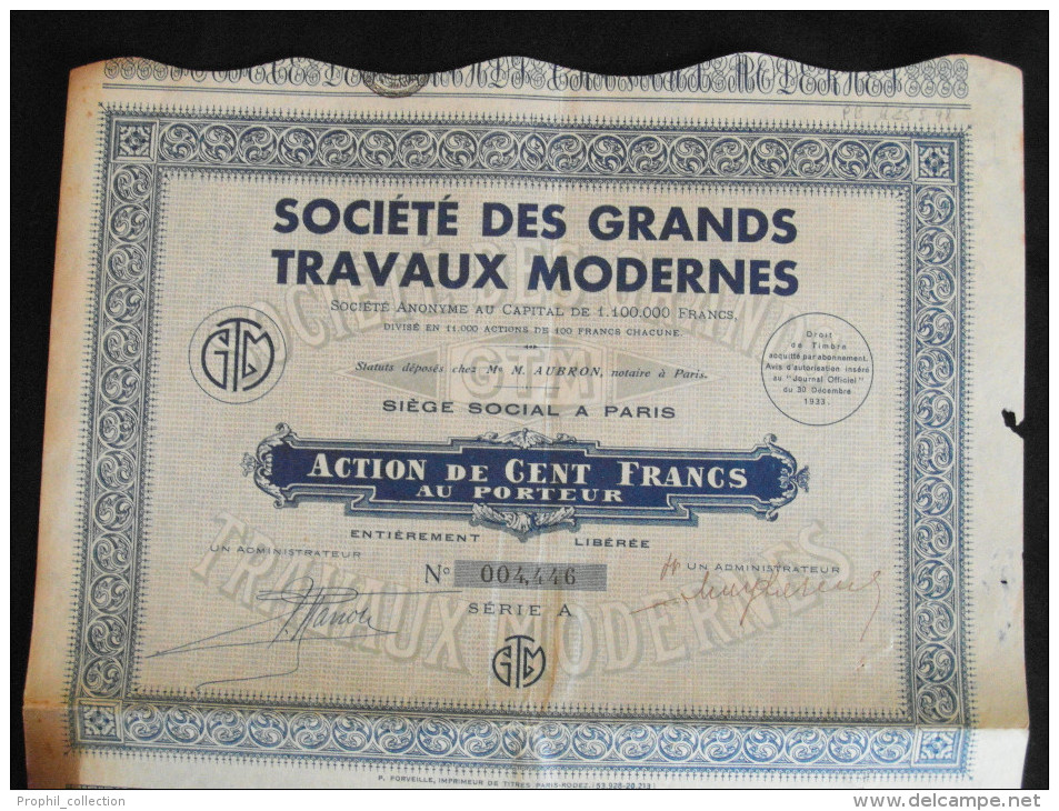 Action 100 Francs Au  Porteur Societe Des Grands Travaux Modernes Siege Paris  Titre Coupons - G - I