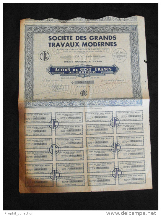 Action 100 Francs Au  Porteur Societe Des Grands Travaux Modernes Siege Paris  Titre Coupons - G - I