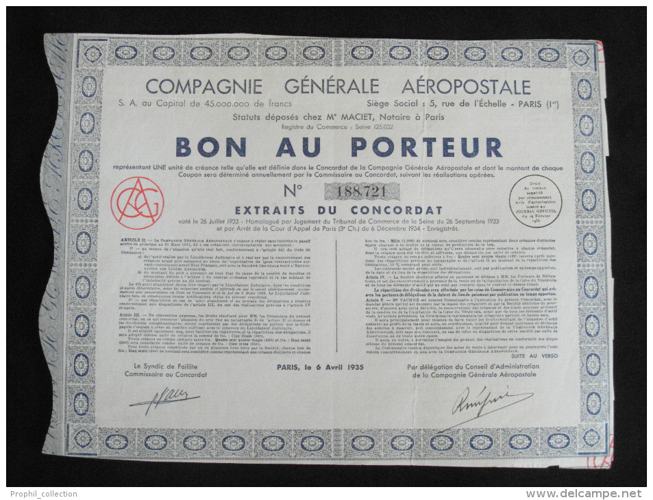 Bon Au  Porteur Compagnie Générale Aéropostale Siege Paris 6/04/1935 - A - C