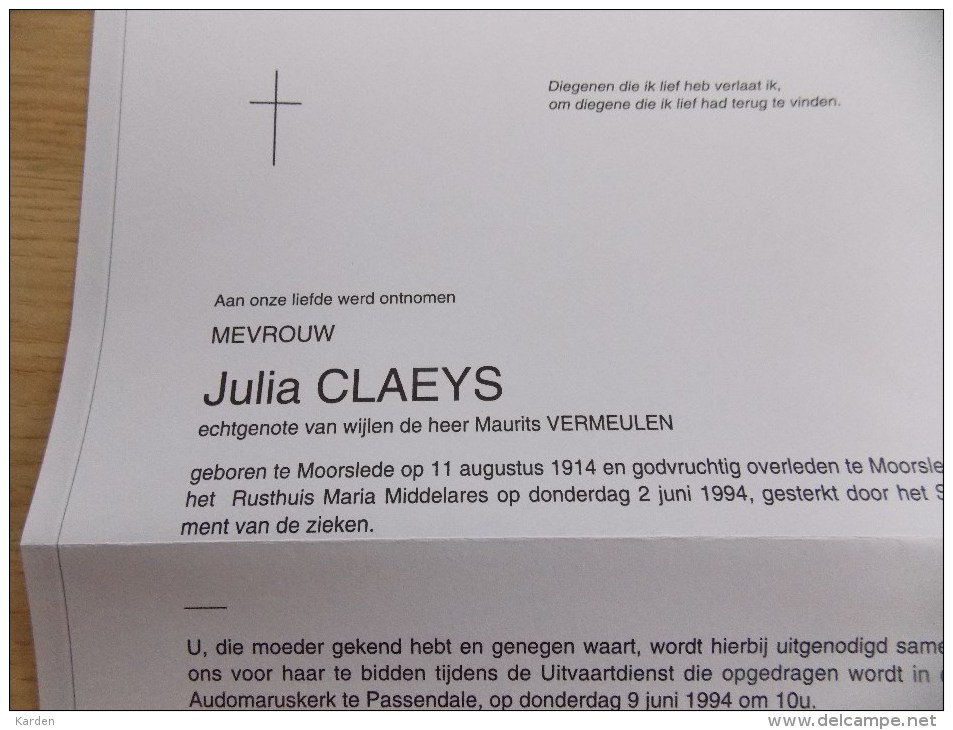 Doodsbrief Julia Claeys Moorslede 11/8/1914 - 2/6/1994 ( Maurits Vermeulen ) - Religion & Esotericism