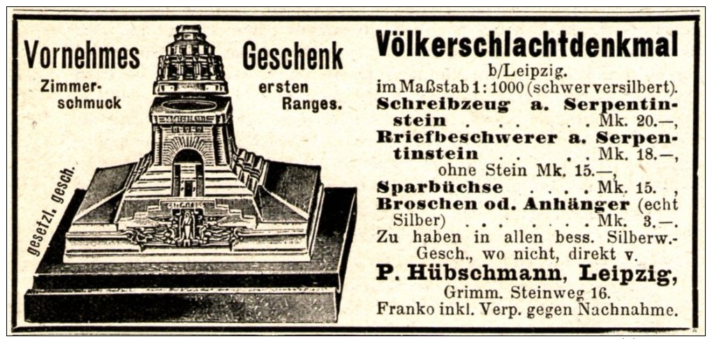 Original-Werbung/ Anzeige 1911 - ZIMMERSCHMUCK VÖLKERSCHLACHTDENKMAL / HÜBSCHMANN - LEIPZIG - Ca. 90 X 40 Mm - Advertising