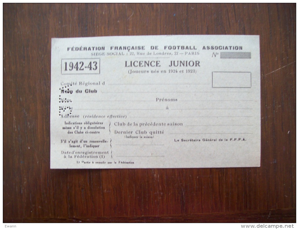 Licence Junior De Football (FFFA) 1942-43 Vierge - Altri & Non Classificati