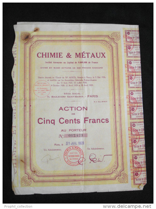 Action 1929 500F Au Porteur Chimie & Metaux Societe Anonyme Siege à Paris Titre Emprunt Coupons - Industrie