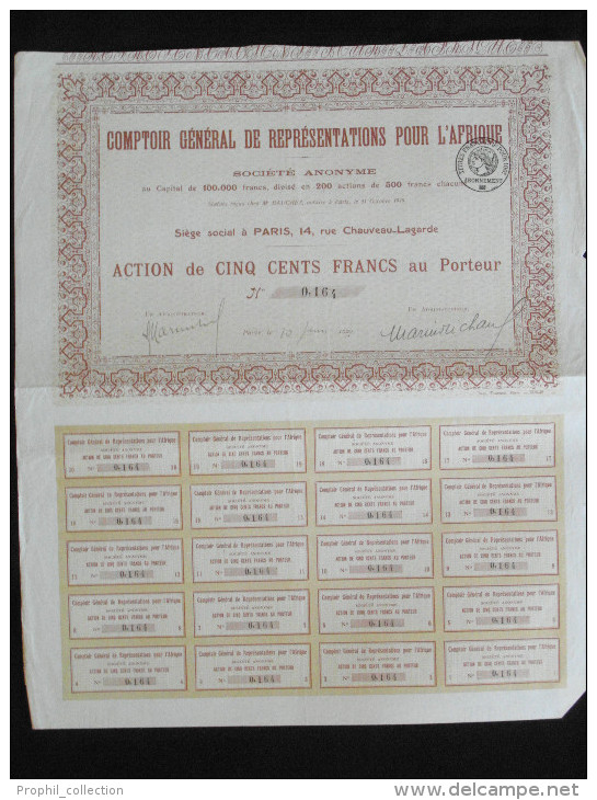 Action 500 Francs Comptoir General De Representations Pour L'Afrique. Societe Anonyme Siege à Paris 1920 - Afrique