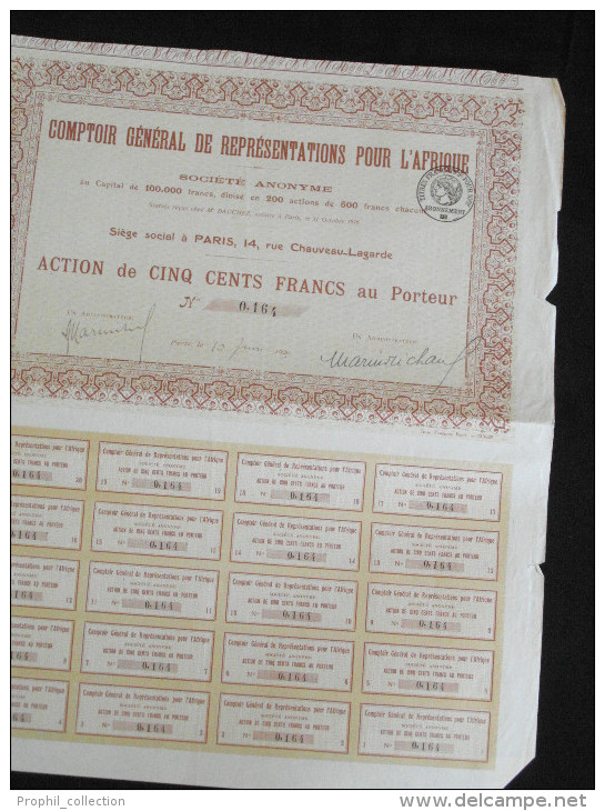 Action 500 Francs Comptoir General De Representations Pour L'Afrique. Societe Anonyme Siege à Paris 1920 - Afrique