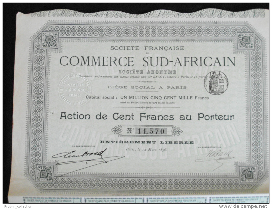 Action 100 Francs Societe Française Commerce Sud-African Societe Anonyme Siege à Paris 1896 - Afrika