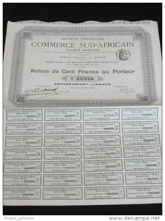 Action 100 Francs Societe Française Commerce Sud-African Societe Anonyme Siege à Paris 1896 - Afrika