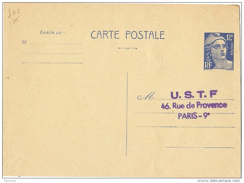 LBL33D3- FRANCE EP CP GANDON 12f BLEU 3 LIGNES EXPEDITEUR  REPIQUAGE AU VERSO - Overprinter Postcards (before 1995)