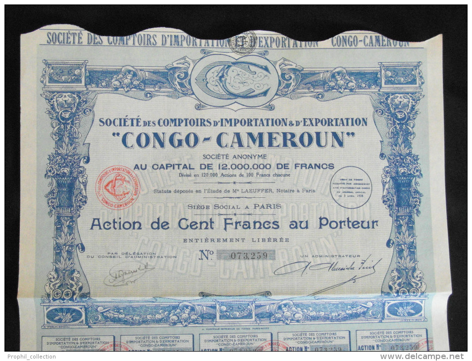 Action 100 Francs Societe Des Comptoirs D´Importation & D´Exportation Congo-Cameroun Siege Social à Paris - Afrique