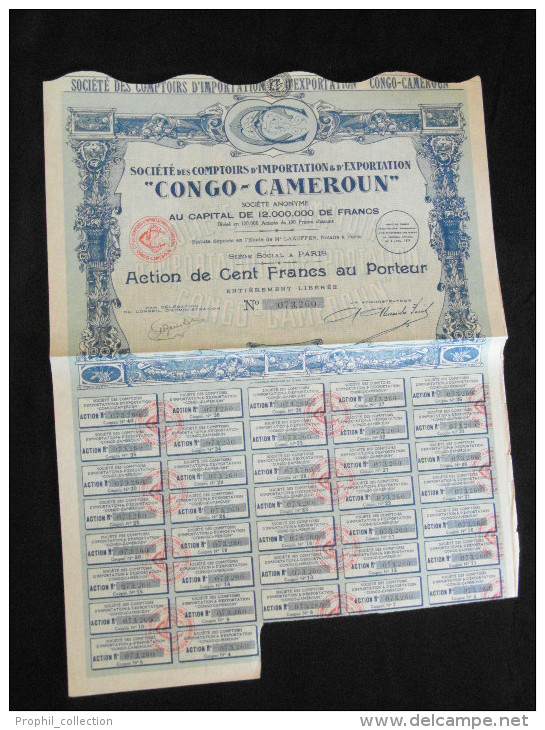 Action 100 Francs Societe Des Comptoirs D´Importation & D´Exportation Congo-Cameroun Siege Social à Paris - Africa