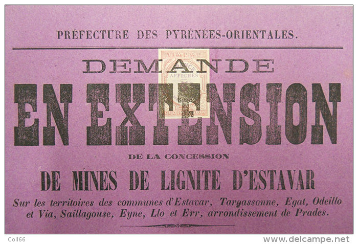 1879 Affiche Mines De Lignite D´Estavar 66 Prénées Orientales Timbre Sous Imprimé Impr De L´Independant Perpignan - Plakate