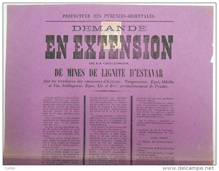 1879 Affiche Mines De Lignite D´Estavar 66 Prénées Orientales Timbre Sous Imprimé Impr De L´Independant Perpignan - Plakate