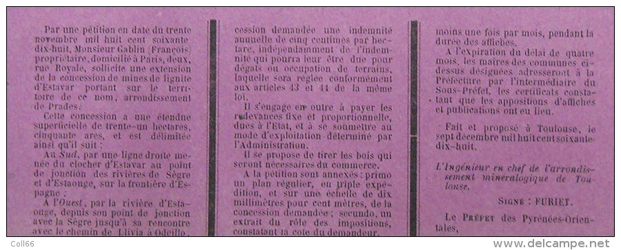 1879 Affiche Mines De Lignite D´Estavar 66 Prénées Orientales Timbre Sous Imprimé Impr De L´Independant Perpignan - Plakate