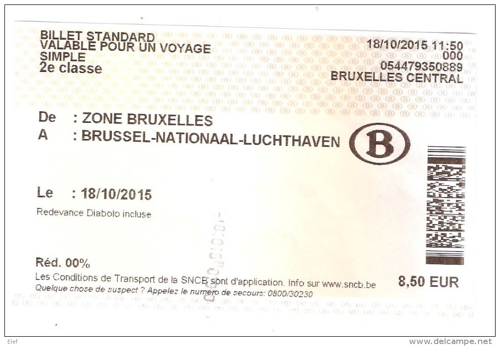 Ticket / Billet SNCB , TRAIN BRUXELLES Gare Centrale > Aeroport BRUSSEL NATIONAL / NATIONAAL LUCHTHAVEN , Belgique, TB - Europa