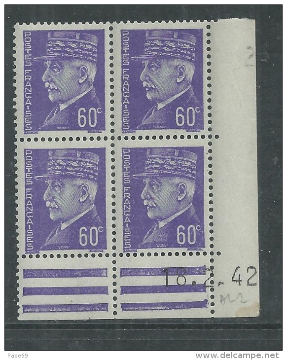 France N° 509 XX : Type Maréchal  Pétain : 60 C.violet  En Bloc De 4 Coin Daté Du 18 . 2 . 42 ;  Sans Charnière, TB - 1940-1949