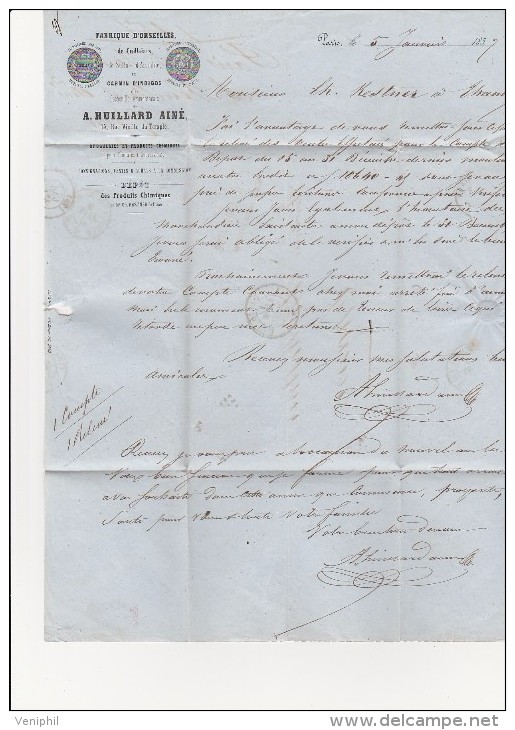 LETTRE FACTURE COMMERCIALE - FABRIQUE D'ORSEILLES- A. HUILLARD AINE -PARIS -AFFRANCHIE N° 14 -ANNEE 1857 - Perfumería & Droguería