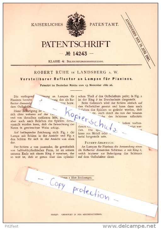 Original Patent - Robert Rühe In Landsberg A. W./ Gorzów Wielkopolski , 1880 , Reflektor An Lampen Und Pianinos !!! - Historische Dokumente